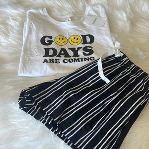 Forever 21 Good Days Are Coming White Sleep Loose T-Shirt & Striped Shorts Small
